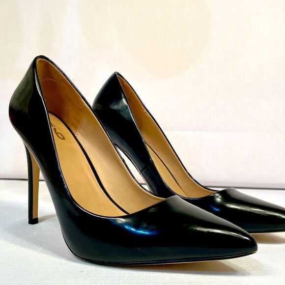 BLACK-PATENT 4” STILETTOS by MIX NO. 6 SIZE 8 WORN ONCE EXTRA HEWL PROTECTORS - Picture 1 of 7